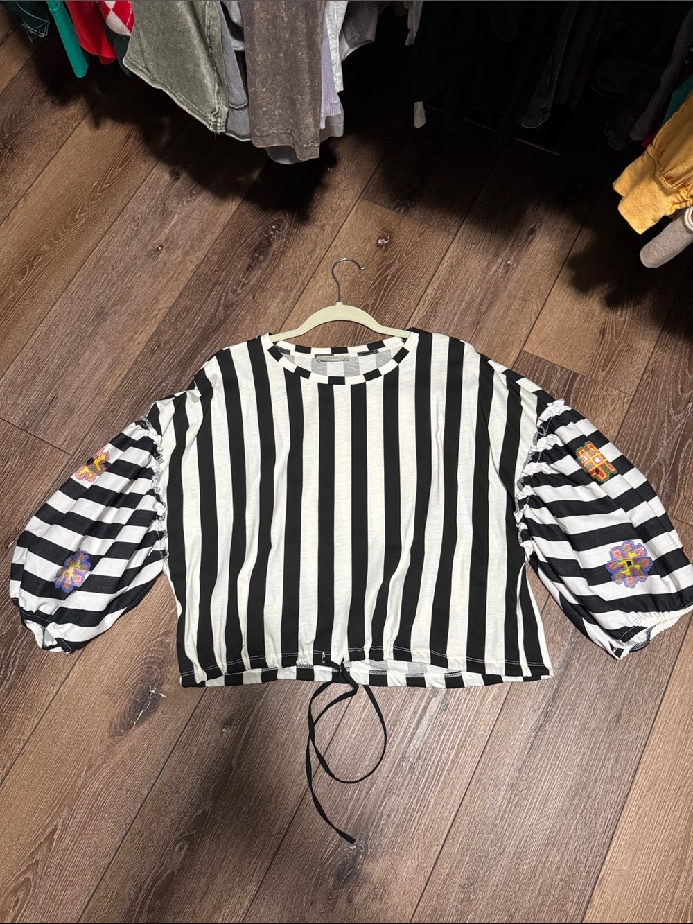 Zara Black and White Checked Crew Neck Top